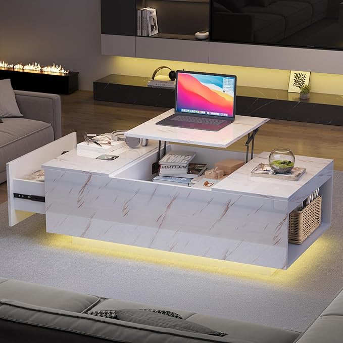 LED Coffee Table, 47.2" Lift Top Coffee Tables with Drawers and Large Storage, Smart Living Room Table with Wireless Charging & Bluetooth Speaker, Dining Center Tables with Storage Shelf