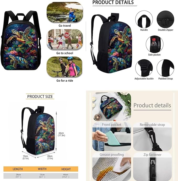 3D Sea Turtle Kids Backpack Set for Girls Boys, Large Book Bag with Lunch Box Pencil Case, Lightweight Kids School Bag Set for Elementary Primary Middle School Student, Blue and Green