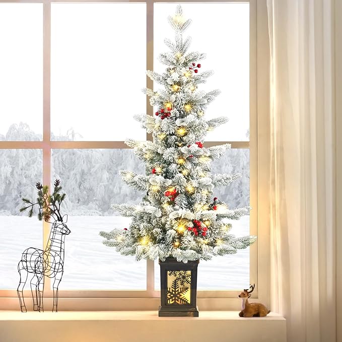 Small Pre-Lit Christmas Tree with LED Lights - 3.5FT Snow Flocked Ariticifial Tree with Vintage Snowflake Base, Battery Operated & Auto Timer for Home Office Xmas Decor