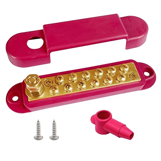 1/4" Stud Power Distribution Block Bus Bar with 12 x #8 Screws, Ampper 5.3" 12V 150A Marine BusBar Brass Battery Distribution Block W/Cover for Car Boat Solar (Red)