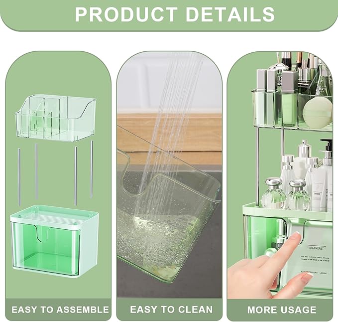 Makeup Organizer Countertop with Drawer, Bathroom Counter Organizers, Anti-Slip Dustproof Exquisite Dresser Vanity Storage for Skin Care Perfume Beauty Lipstick,Green