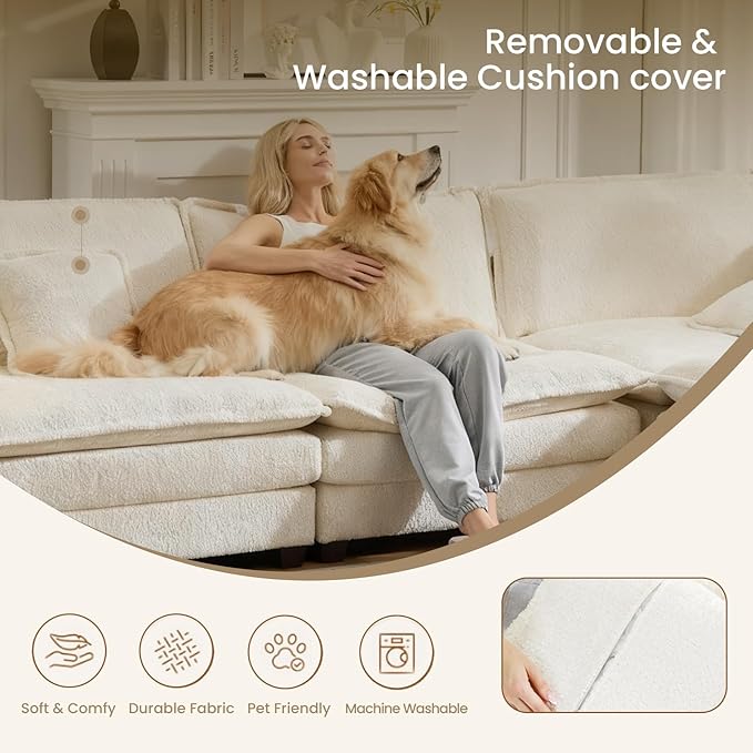 112" U Shaped Modular Sectional Sofa, 3 Seater Comfy Cloud Couch with Movable Ottoman, Deep Seat Couches for Living Room, Bedroom, Apartment (Beige)