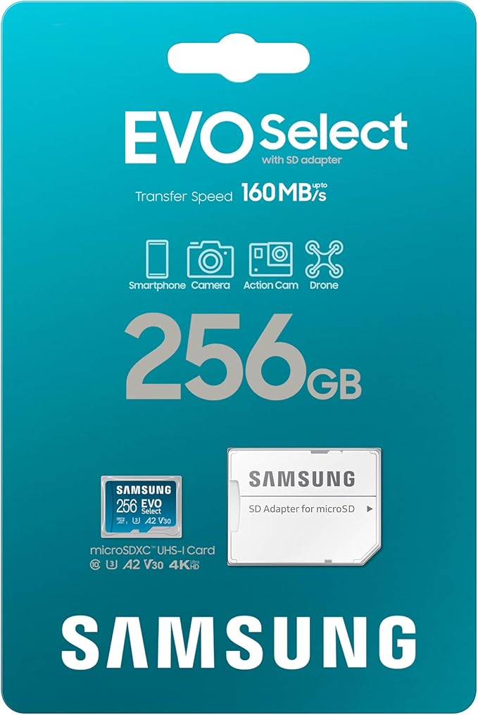 Samsung EVO Select microSDMemory Card + Adapter, 256GB microSDXC, Up-to 160 MB/s, 4K UHD, UHS-I, C10, U3, V30, A2, for Mobile Phone, Smartphones, Nintendo-Switch, and Tablets (MB-ME256SA/AM)