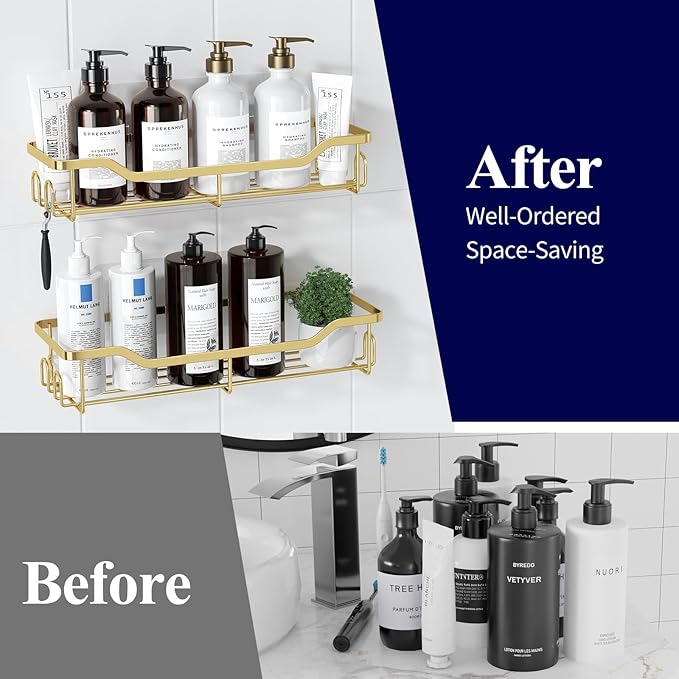 Kitsure Shower Caddy Large - Adhesive Shower Organizer, Stainless Steel Shelf for Inside Shower, No Drill Bathroom Organizers and Storage, Home Decor Accessories, 2 Pack, Gold