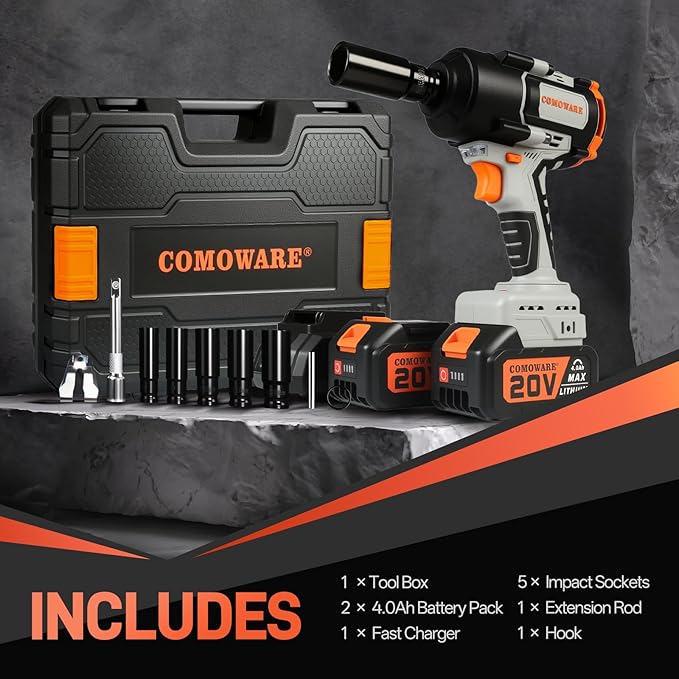 COMOWARE Cordless Impact Wrench, 1/2 Inch 1000N.m (780Ft-lbs) High Torque 20V Brushless Power Impact Driver Kit for Automotive DIY, 4.0Ah Li-ion 2 Battery, 5 Pcs Impact Sockets with Case