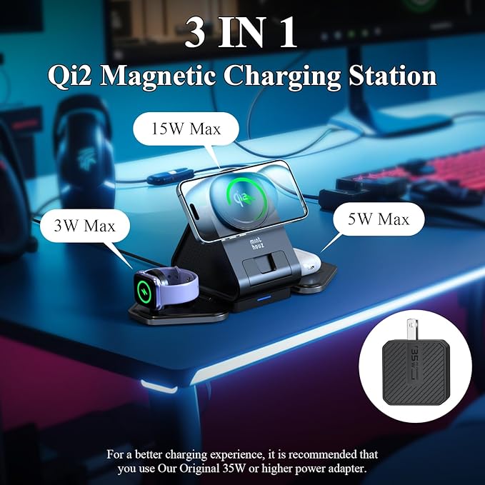 3 in 1 Charging Station, Mag Safe Wireless Charger Stand, Qi2 Certified, 15W Multiple Device Magnetic Charging Station for iPhone 16,15,14,13,12 Series, Apple Watch, AirPods (USB-C Charger Included)