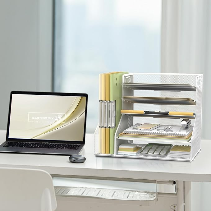 SUPEASY Desk Organizer with File Holder, 5-Tier Mesh Paper Letter Tray with Magazine Holder, Desktop Organizer and Storage for Desk Accessories Office Supplies, White