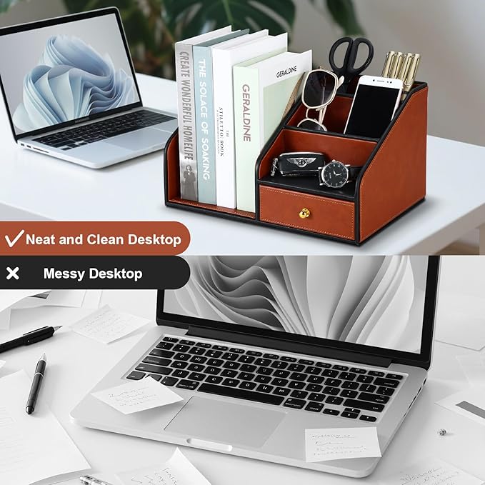 KINGFOM PU Leather Desk Organizer, Multifunction 6 Compartment Desk Organizers and Accessories for Office Supplies, Pen Pencil Holder/Book Mail Organizer Holder for Desk with Drawer (Brown)