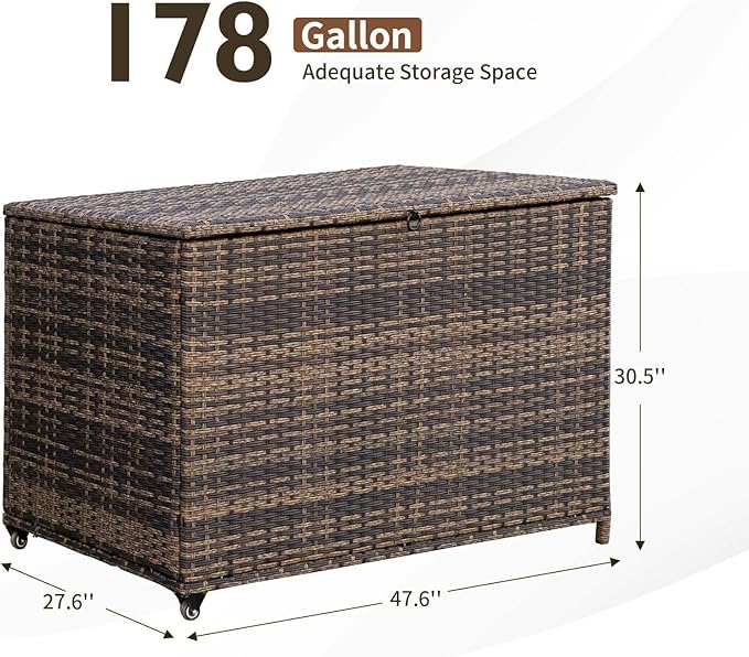 178 Gallon Outdoor Storage Box, Handle Large Portable Wicker Rattan Deck Box for Patio Furniture Cushions, Patio Deck Box with 2 WheelsThrow Pillows, Garden Tools and Pool Floats (Brown)