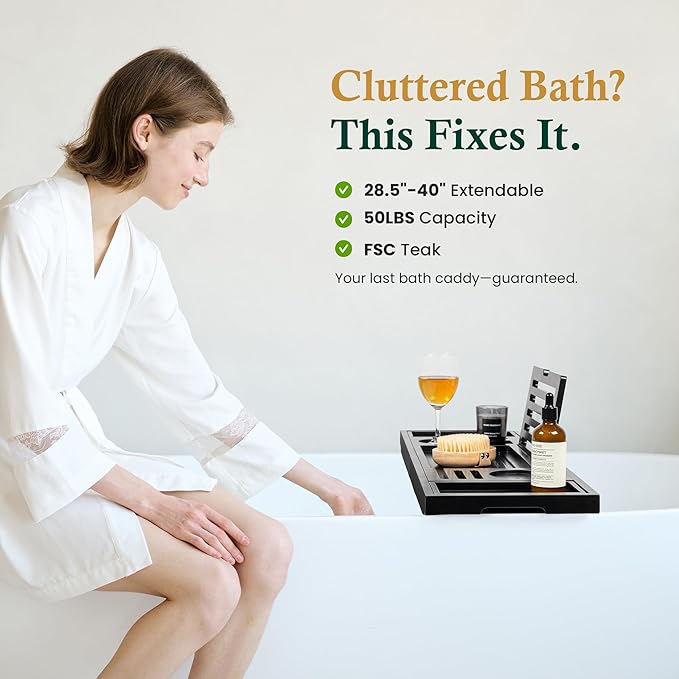 Teak Bathtub Tray | Adjustable Width Tray with Wine Holder, Tablet/Phone & Book Stand, Splash-Proof for Bath Time- Black