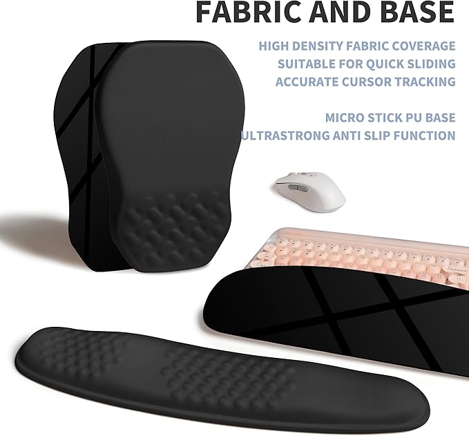 2-in-1 Ergonomic Set, Wave Keyboard Wrist Rest and Massage Slope Mouse Pad Wrist Support, Rebound Memory Foam for Relieve Carpal Tunnel Syndrome and Wrist Pain (Black)