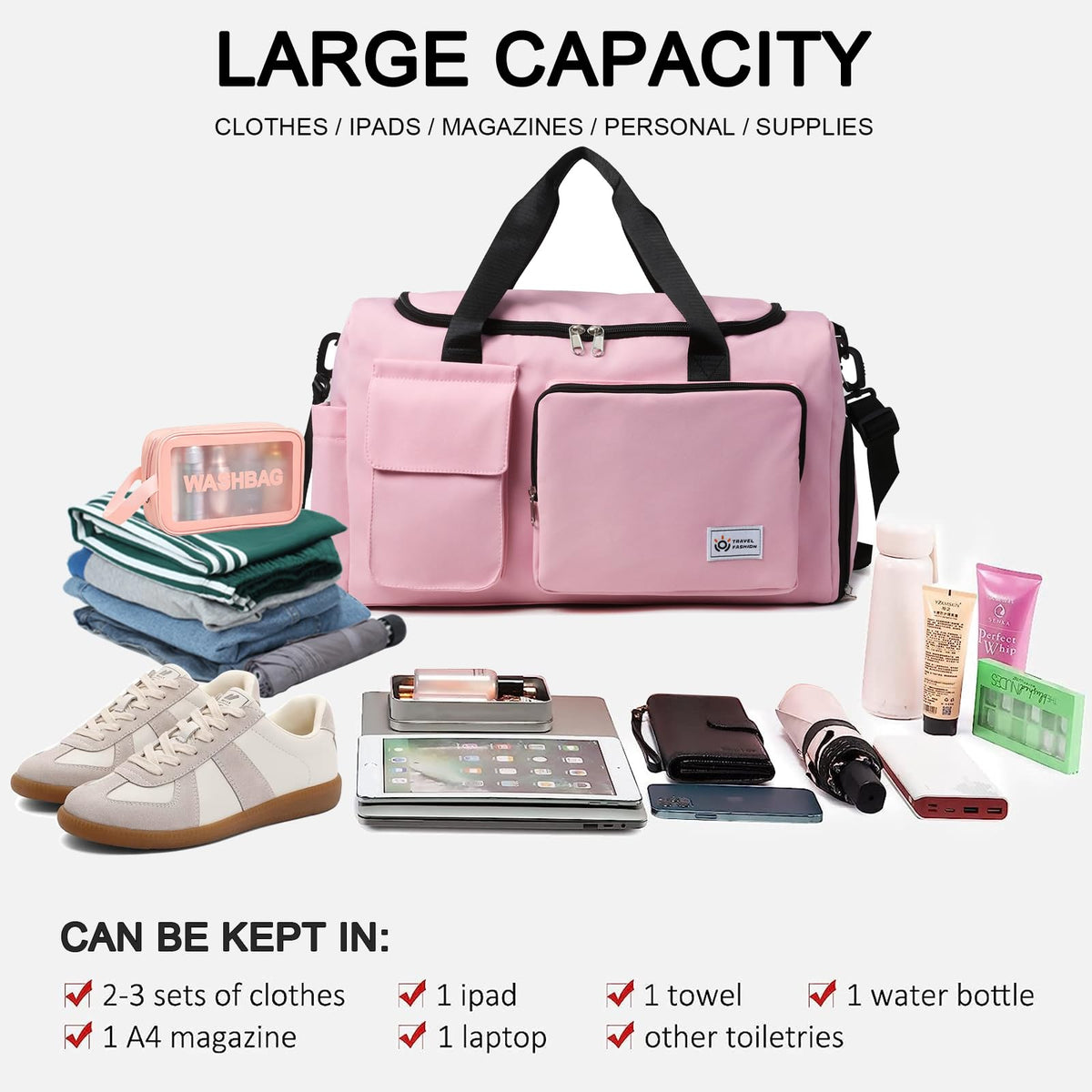Small Gym Bag for Women, Waterproof Travel Duffle Bag Carry On Weekender Bag with Shoe Compartment & Wet Pocket, Gym Tote Bag for Travel, Workout, Sport