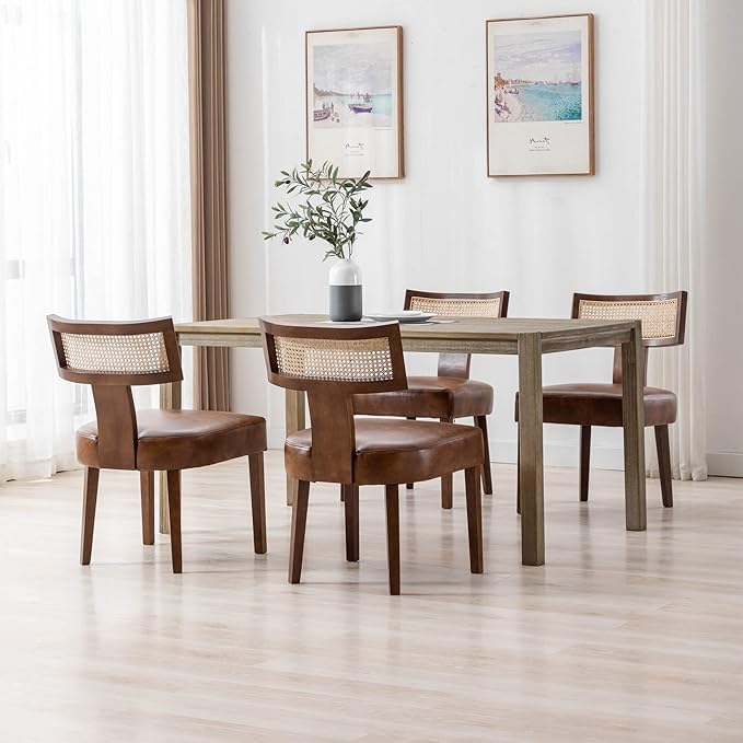 Mid Century Modern Dining Chairs Set of 4 Rattan Kitchen Chairs PU Leather Upholstered Side Chairs, Modern Kitchen Armless Solid Wood Dining Chairs, Brown