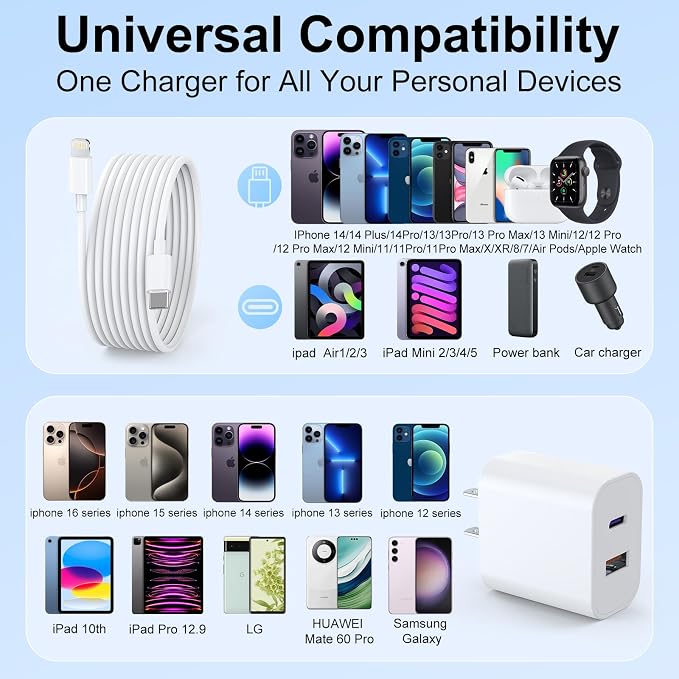 iPad Charger 2 Pack 20W Dual Port QC + PD 3.0 Power Adapter Fast Wall Charger Block with 6FT&10FT Lightning Cord Cable for iPad 9/8/ 7 Generation iPad Air iPad mini iPad Pro iPhone