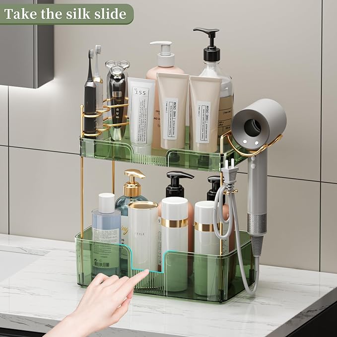 2 Tier Bathroom Organizer Countertop Makeup Perfume Tray Skincare Organizer Comes with Hair Dryer Rack and Toothbrush Holder for Bathroom Dresser Vanity (Green)