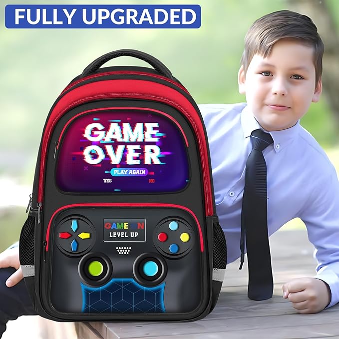 School Backpack for Boys - Gamer Boys Backpack for Kids Children Teens Elementary Middle School - 17″ Video Game Bookbag Travel Back Pack for Age 6-18