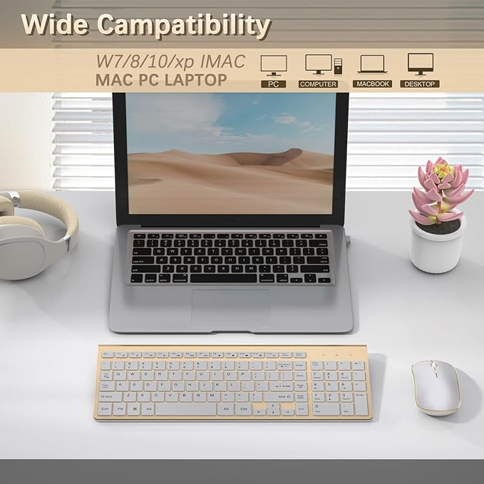 J JOYACCESS Wireless Keyboard and Mouse Combo, Ergonomic and Quiet Wireless Keyboard and Mouse Set, Portable and Customizable DPI for Laptop, Computer and PC(Gold Silver)