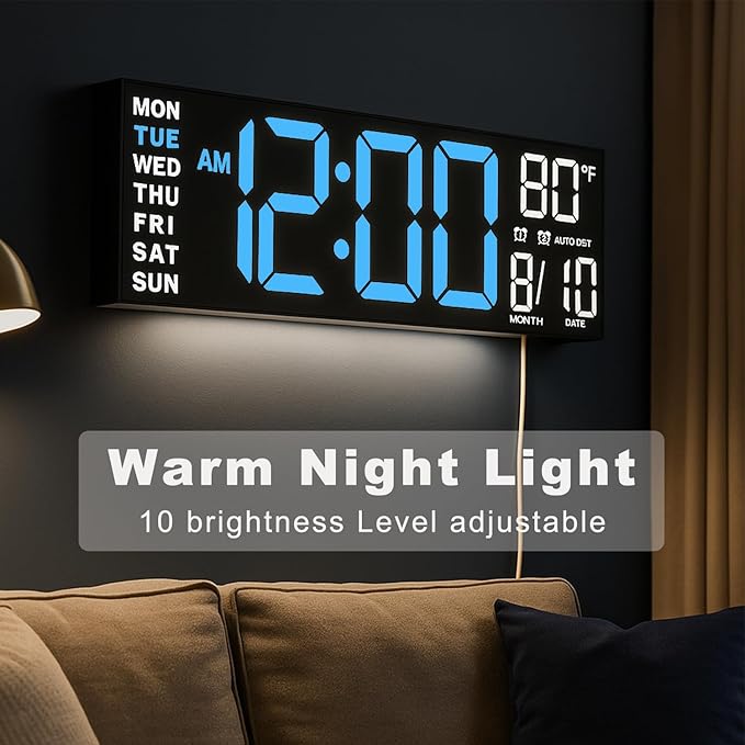 TrophyRak 16" Large Digital Wall Mount Clock, Count Down Timer, Alarm, Big LED, RGB Color, DST, Temperature for Living Room Classroom Desk, Wall, Xmas, Birthday Gift for Senior Mom Dad, Blue White