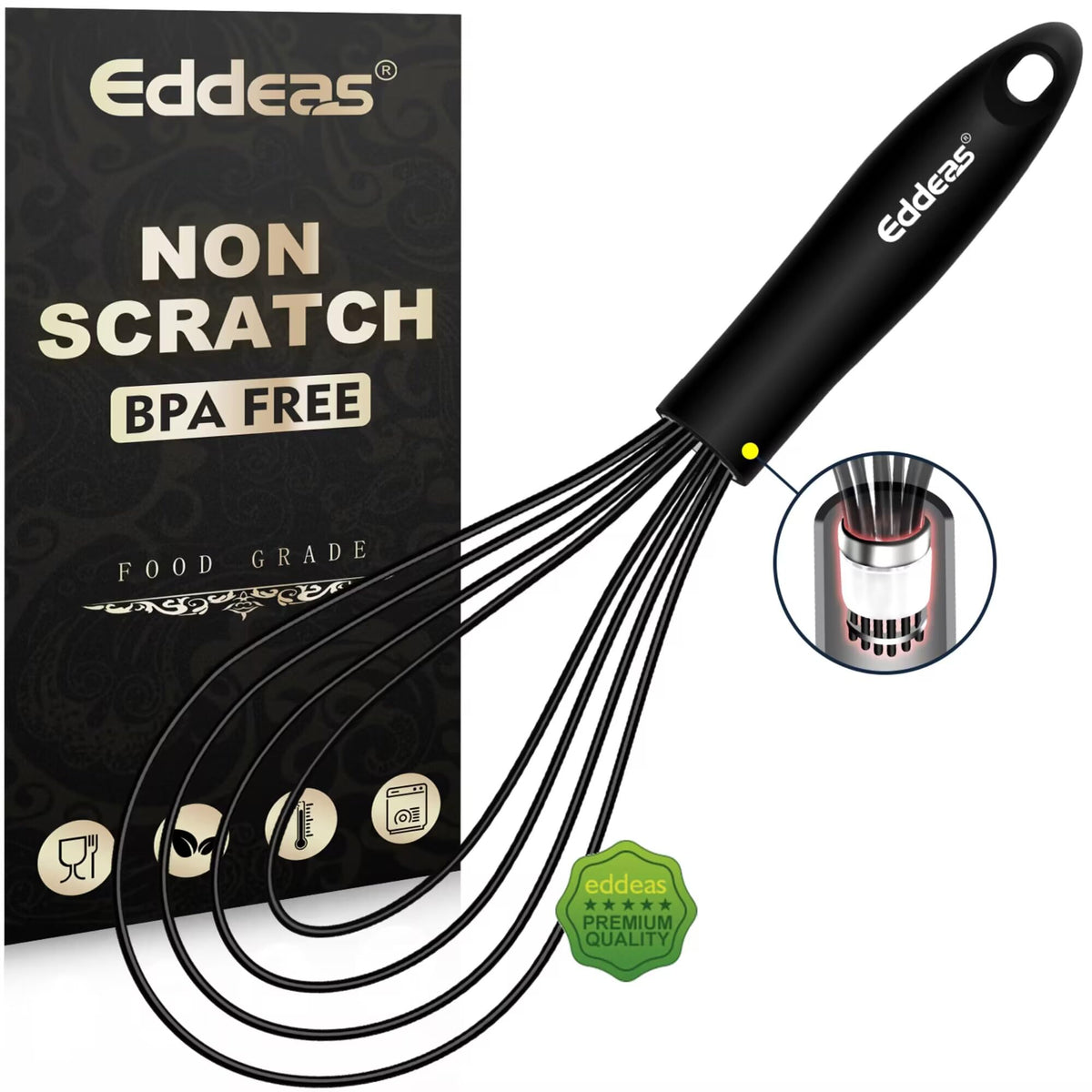 Eddeas Silicone Whisk, 500°F Heat Resistant Non Scratch Coated Whisks for Cooking Baking Balloon wisk, Kitchen Whisk Tool Set, for Stirring, Beating & Blending of 3 Size 7.5"+ 9" +11 inch