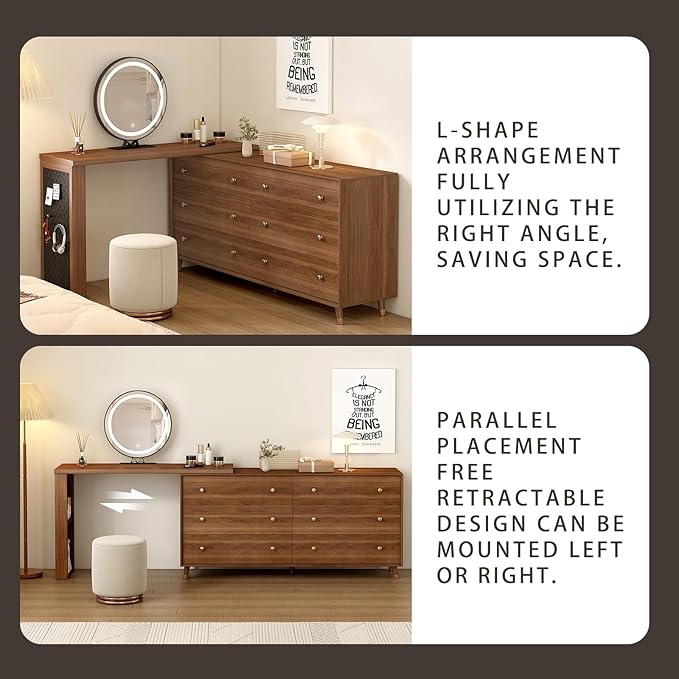 Makeup Vanity Desk Set with Full Aluminum HD Lighted Mirror and Stool, 70-110in Extendable Modern Vanity Table, 9-Drawer Solid Wood Frame Chest, Dressing Table for Bedroom, Brown