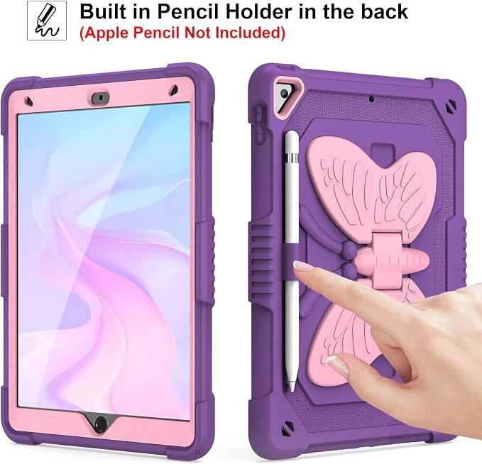 VOFUOE for iPad 9th 8th 7th Generation Case with Screen Protector Butterfly Stand Shoulder Strap Keychain Pencil Holder for iPad 10.2 Hard Cover Kids Girls for iPad 9th/8th/7th(2021/2020/2019)-Purple