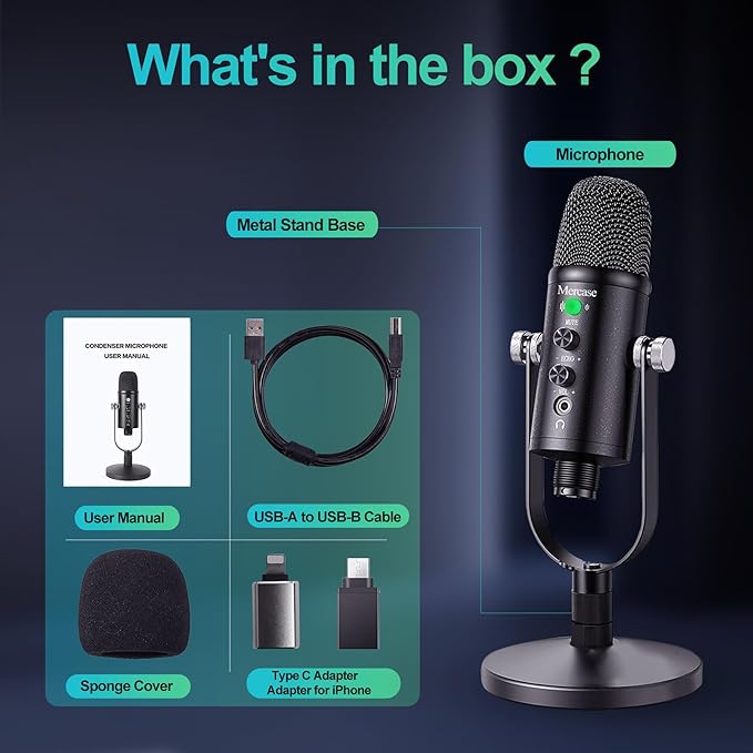 Mercase USB Condenser Microphone for PC, Mac, Phones, PS4/PS5 – Plug & Play Studio Mic with Mute Button & Noise Reduction – for Recording, Streaming, Podcasting, Gaming, Zoom, TikTok, YouTube