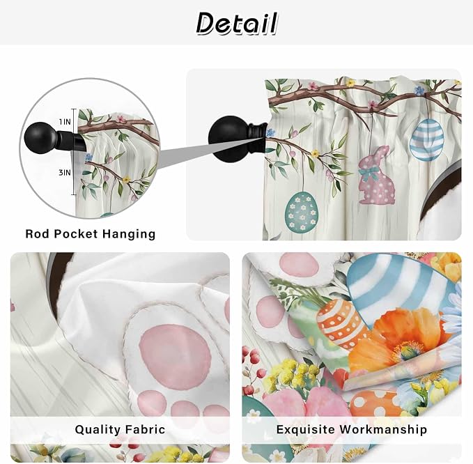 Easter Kitchen Curtains 54 Inch Long 2 Panel Set, Rod Pocket Window Curtains