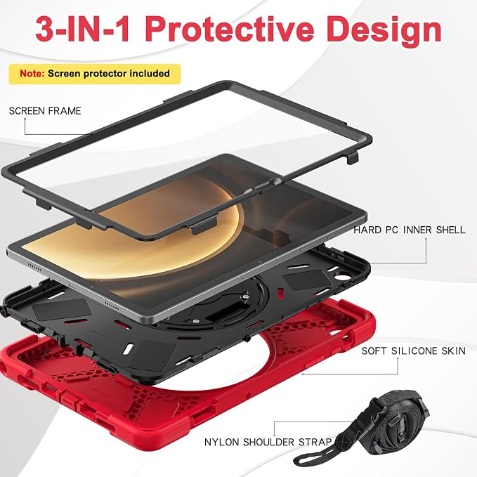BRAECN for Samsung Galaxy Tab A9 Plus Case 11 Inch 2023 Shockproof Hard Duty Case with Screen Protector &360 Rotating Stand&Hand Strap/Shoulder Strap for Galaxy A9 Plus Tablet-Black