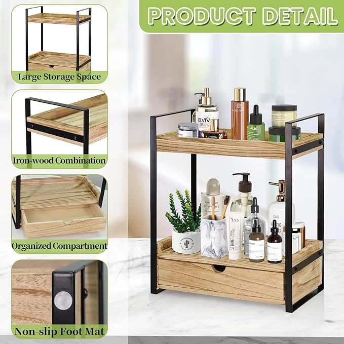 2-Tier Bathroom Organizer Countertop with Drawer, Wood Counter Shelf for Storage, Vanity Tray for Organization and Decor, Countertop Organizer for Bathroom, Kitchen, Office (Brown)