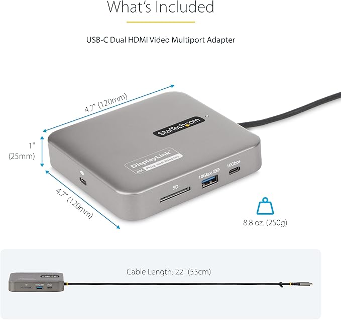 StarTech.com 7-in-1 USB C DisplayLink Dual Monitor Docking Station, 4K 60Hz HDMI Dock for MacBook M1 M2 M3 M4 & Windows, USB 10Gbps Hub, Gigabit Ethernet, SD, 100W PD, 22in (56cm) Cable