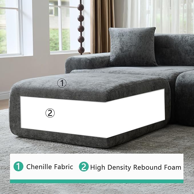 LIDYUK 118" Modern L-Shaped Boneless Couch Modular Sectional Sofa for Living Room, Chenille Upholstery Grey, Oversized 3-Seater Sectional Couch with Deep Seat and Movable Ottoman, No Assembly