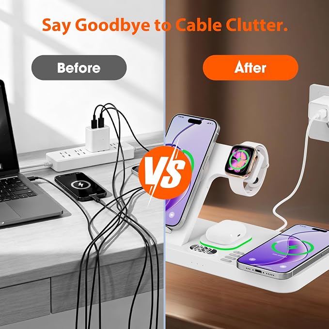 Dual Phone Magnetic Wireless Charging Station for Apple Devices/Apple Ecosystemwith Auto-Switch 7-Color Light & Clock Compatible with iPhone 17/16/15 for iWatch 11/10/9 & AirPods Pro3(Cream