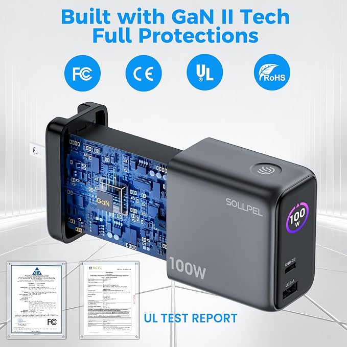 100W GaN USB C Retractable Charger with Smart Display Compact 3-Port Fast Charging Wall Adapter with Foldable Plug for MacBook Pro/Air iPhone 17/16 Galaxy S26 iPad