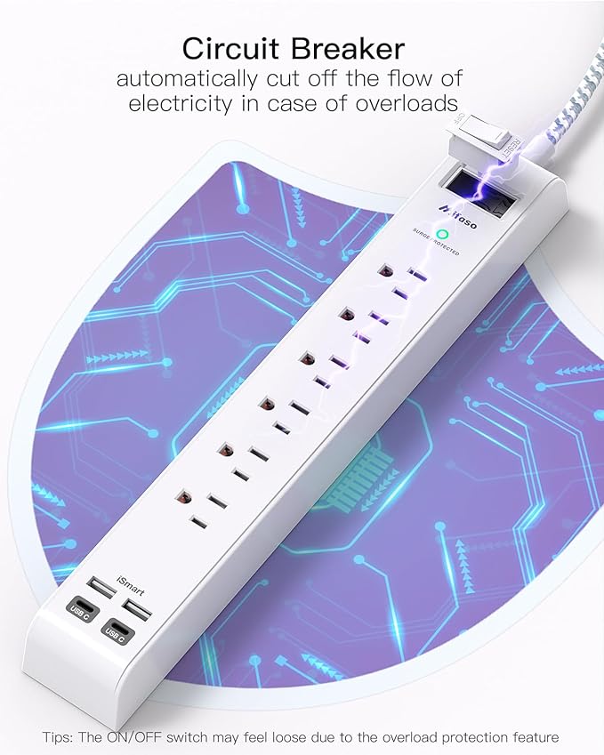 2 Pack Power Strip, 3FT Long Extension Cord, Surge Protector with 6 Outlets and 4 USB Ports (2 USB C), Flat Plug Overload Protection, Wall Mount for Home Office Dorm College