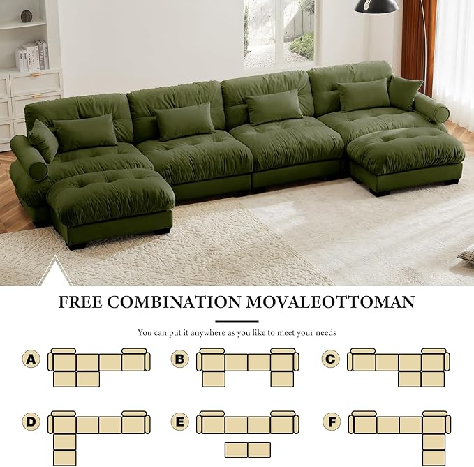166" Oversized Couch, 4 Seater Modular Sectional Sofa, Olive Large L Shaped Sectional Couches for Living Room, Velvet Cloud Couch with Ottoman, L Shaped