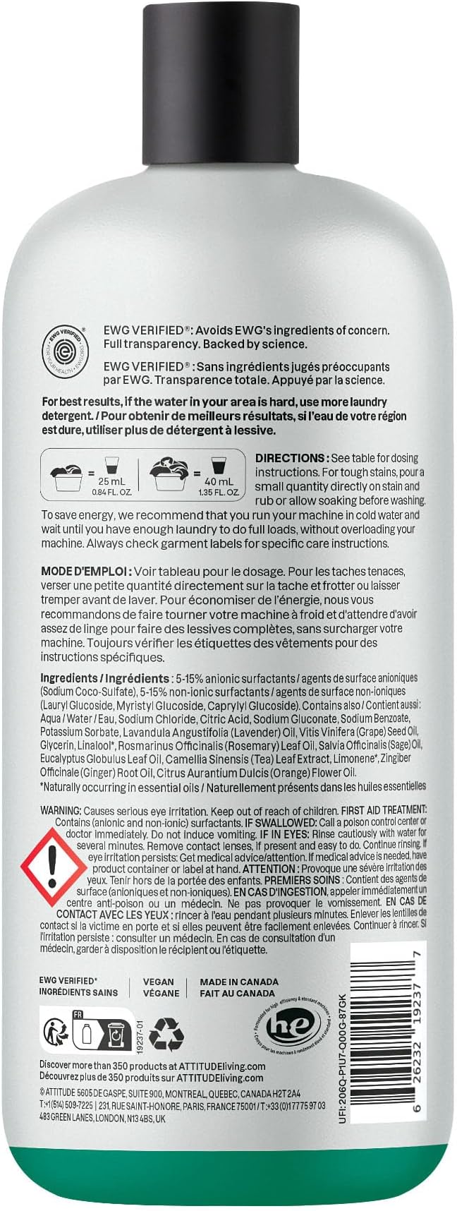 ATTITUDE Laundry Detergent Liquid, Natural Origin Ingredients, EWG Verified, High Efficiency (HE), Infused with Essential Oils, For White and Colored Clothing, Lavender & Rosemary, 38 Loads, 32 Fl Oz