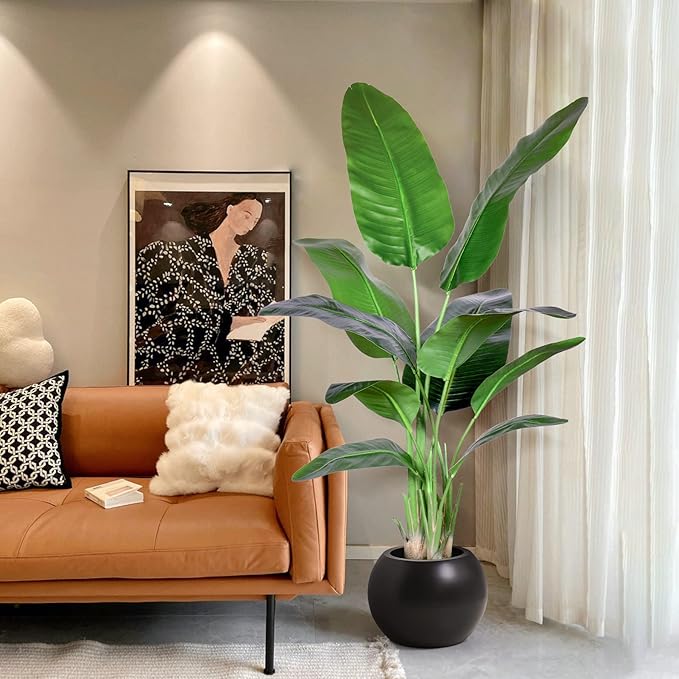 Artificial Bird of Paradise Plant,Faux Palm Tree Potted Plant with Real Touch Leaves,Fake Trees for Home Living Room Office Indoor Outdoor Decor(5FT-1Pack)
