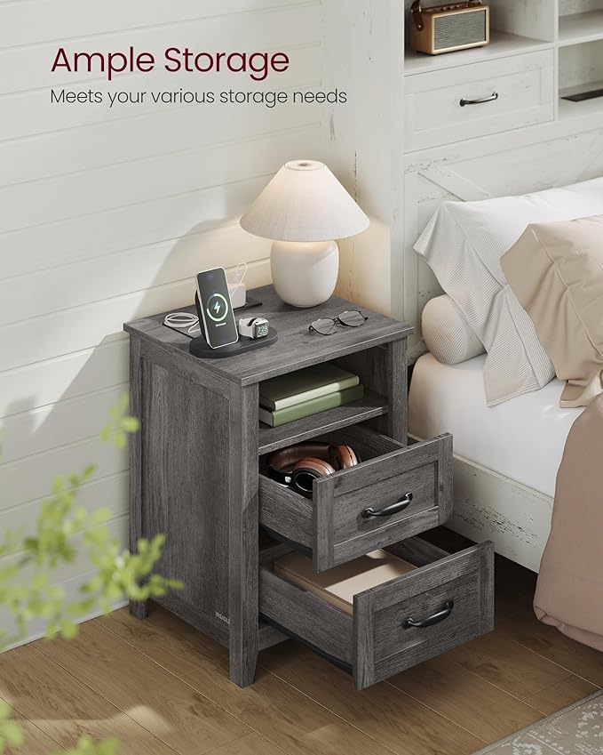 VASAGLE LIRY Collection - Farmhouse Nightstand with Charging Station, Bedside Table, Side Table with 2 Drawers, Open Compartment, for Bedroom, Misty Gray ULET669G01