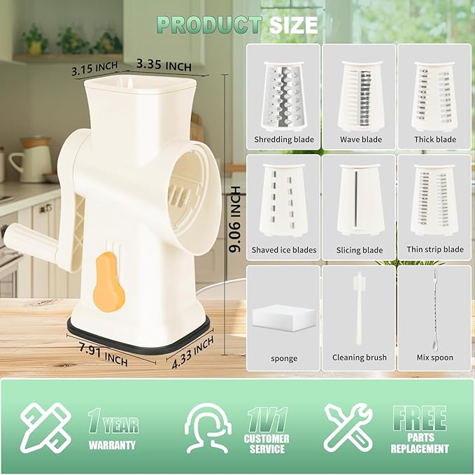 2025 Upgrade 6-In-1 Cheese Grater【 Military-Grade SUS304 Blade - 3S Fast Cut】Cheese Grater Hand Crank Suitable for Home Use(White)