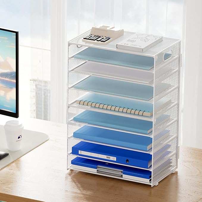 Marbrasse Paper Organizer Letter Tray, 9 Tier Mesh File Organizer with Handle, Paper Sorter Desk Organizer for Home Office Supplies - White