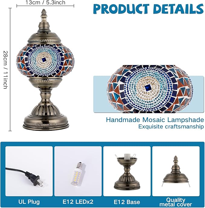 Turkish Moroccan Table Lamp Lantern with Handmade Mosaic Glass Lampshade Tiffany Style Bohemian Stained Glass Decorative Desk Lamps Bedside Night Lights for Bedroom (Blue Colorful)