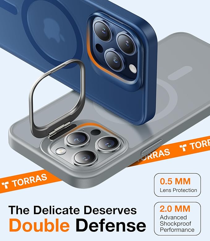 TORRAS Magnetic for iPhone 15 Pro Case, Compatible with MagSafe, Invisible Camera Kickstand, Military-Grade Shockproof Translucent Anti-Scratch Hard Back and Soft Edge Phone Case, Natural Titanium