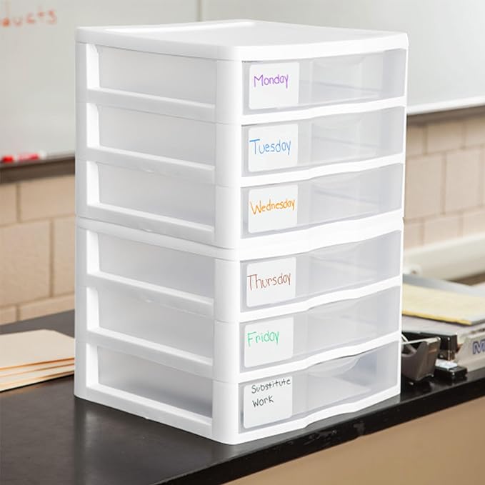 Sterilite 9-Pack Wide 3 Drawer Unit, Plastic Desktop Organizer with Clear Drawers, White Frame - Stackable Multi-Purpose Storage for Office Supplies, Craft Rooms, Classrooms and Home Organization