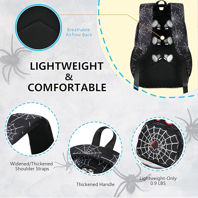 Boys Backpack with Lunch Box Glow in Dark Bookbag Kids Ages 4-12 Kindergarten Elementary School Spider Backpack, Luminous Spider Black