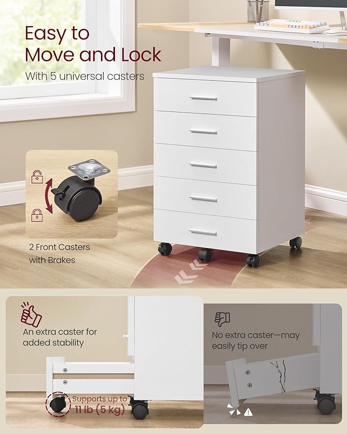 VASAGLE File Cabinet, Mobile Pedestal Filing Cabinet with Wheels, Printer Stand with 5 Drawers, Tool-Free Sliding Rails, for Study, Home Office, Cloud White UOFC081W01