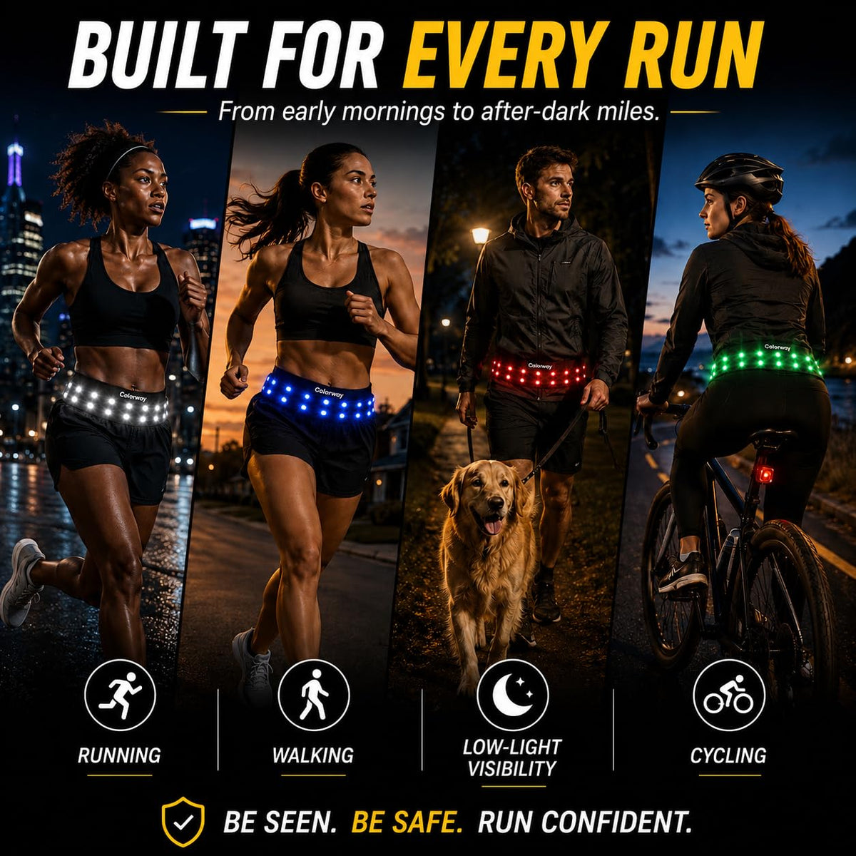 Colorway LED Running Belt - Reflective Running Gear with Removable Light Strip, 5 Bright Colors, USB Rechargeable, Adjustable Waist Pack, High Visibility, Night Safety Belts for Men and Women