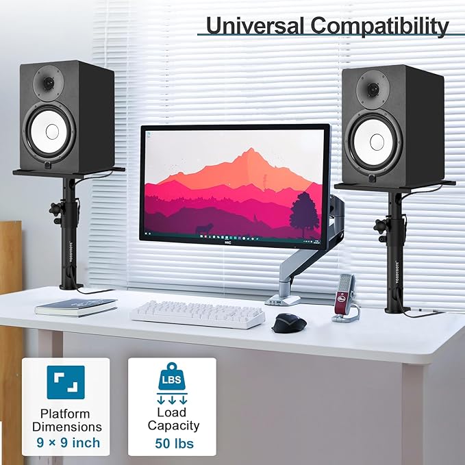 Set of 2 Sturdy Studio Monitor Stands Desktop Clamp Speaker Stands with Cable Management