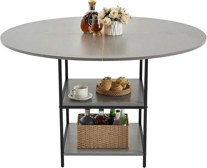 VEVOR Round Dining Table, 47 inch Wood Table for 4-6 Person, Modern Circle Dinner Furniture, Leisure Tables with Storage Shelf and Metal Legs, for Home Kitchen Living Room, Grey (Only Table)