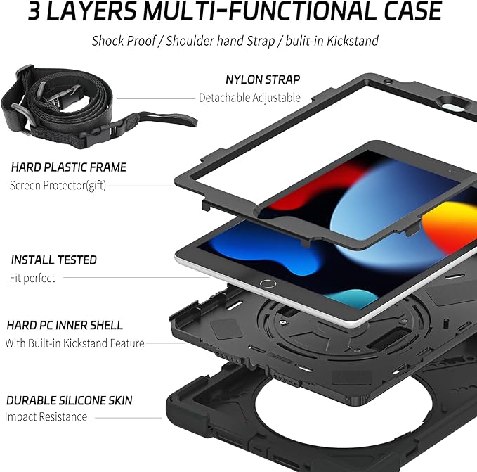 ZenRich Shockproof Case for iPad 9th/8th/7th Generation 10.2 inch 2021/2020/2019, Heavy Duty Rugged Case with Pencil Holder/360° Rotating Kickstand/Handle/Carrying Strap, Black