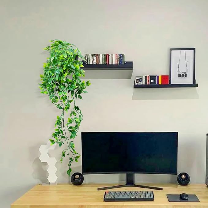 LOYWREE 2 Pack Artificial Hanging Mandala Plant with Pot Faux Plants Indoor Fake Small Potted Plant 28.7-in Long Faux Vine Shelf Decor Ideal for Indoor Outdoor Home Office Decoration (Black Pot)